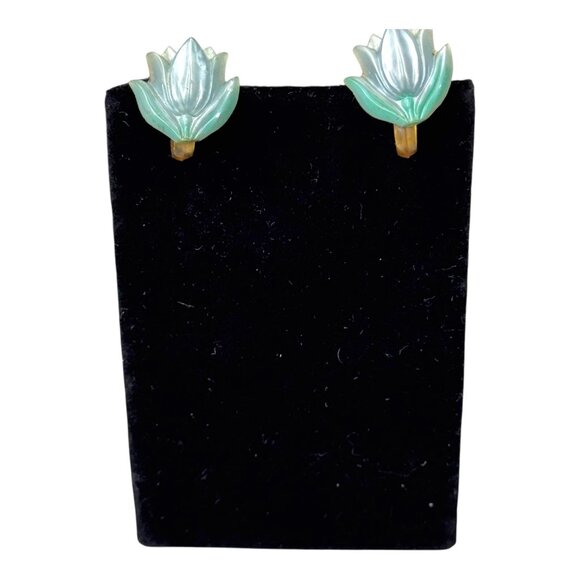 Vintage Floral Clip-On Earrings Pastel Blue Tulip 3d Flower Petite Small Girl - Picture 4 of 7